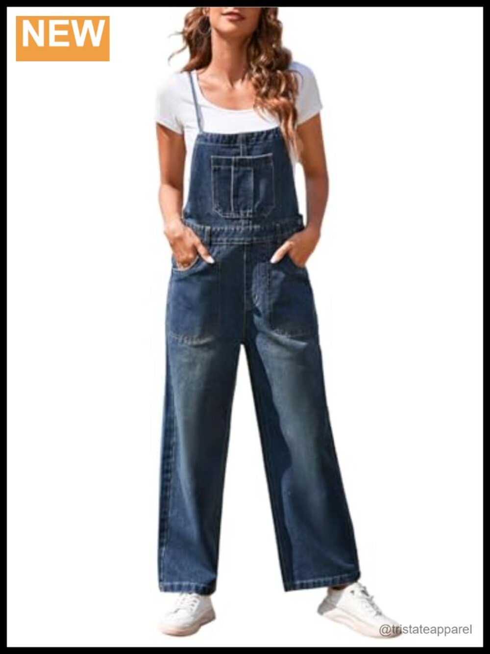 Denim Bib Overalls Adjustable Straps Wide Leg High Waist Jumpsuit Pockets
